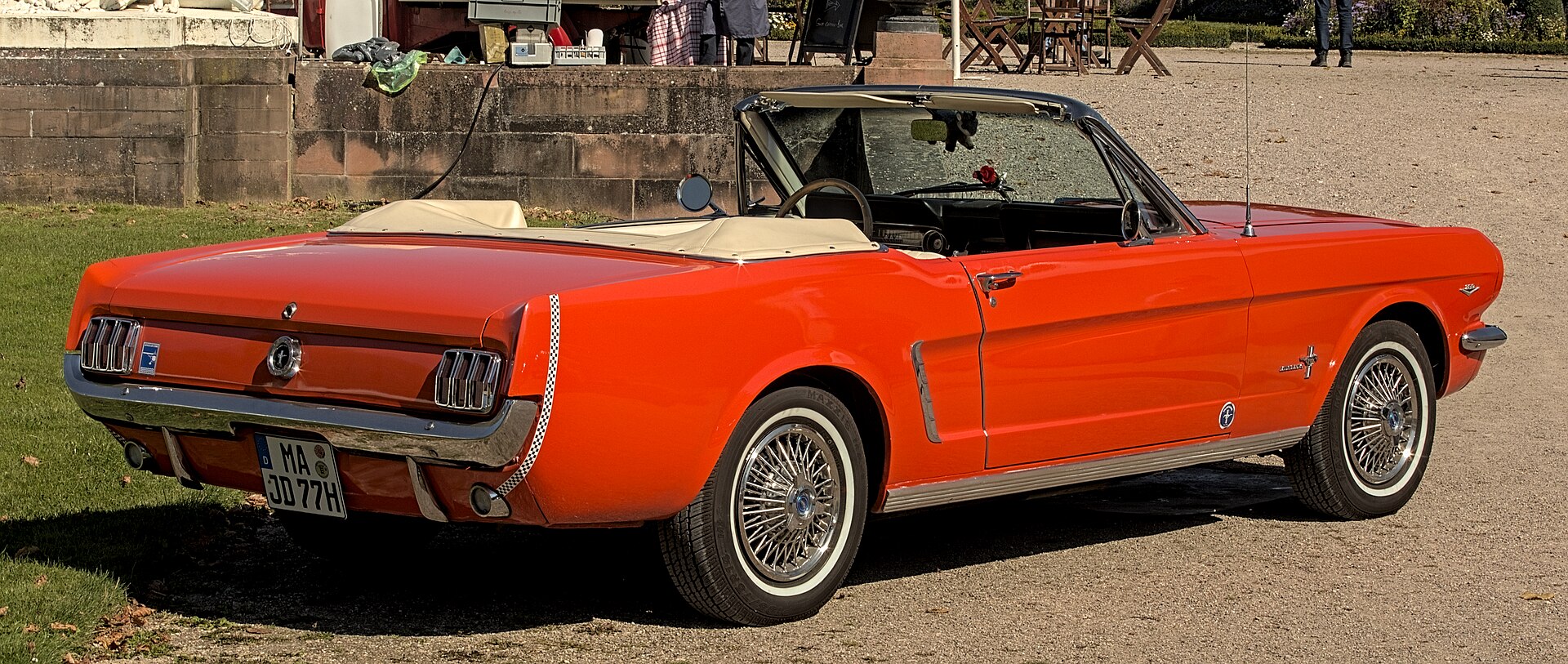 Rear three-quarter view of a red 1965 Ford Mustang Convertible